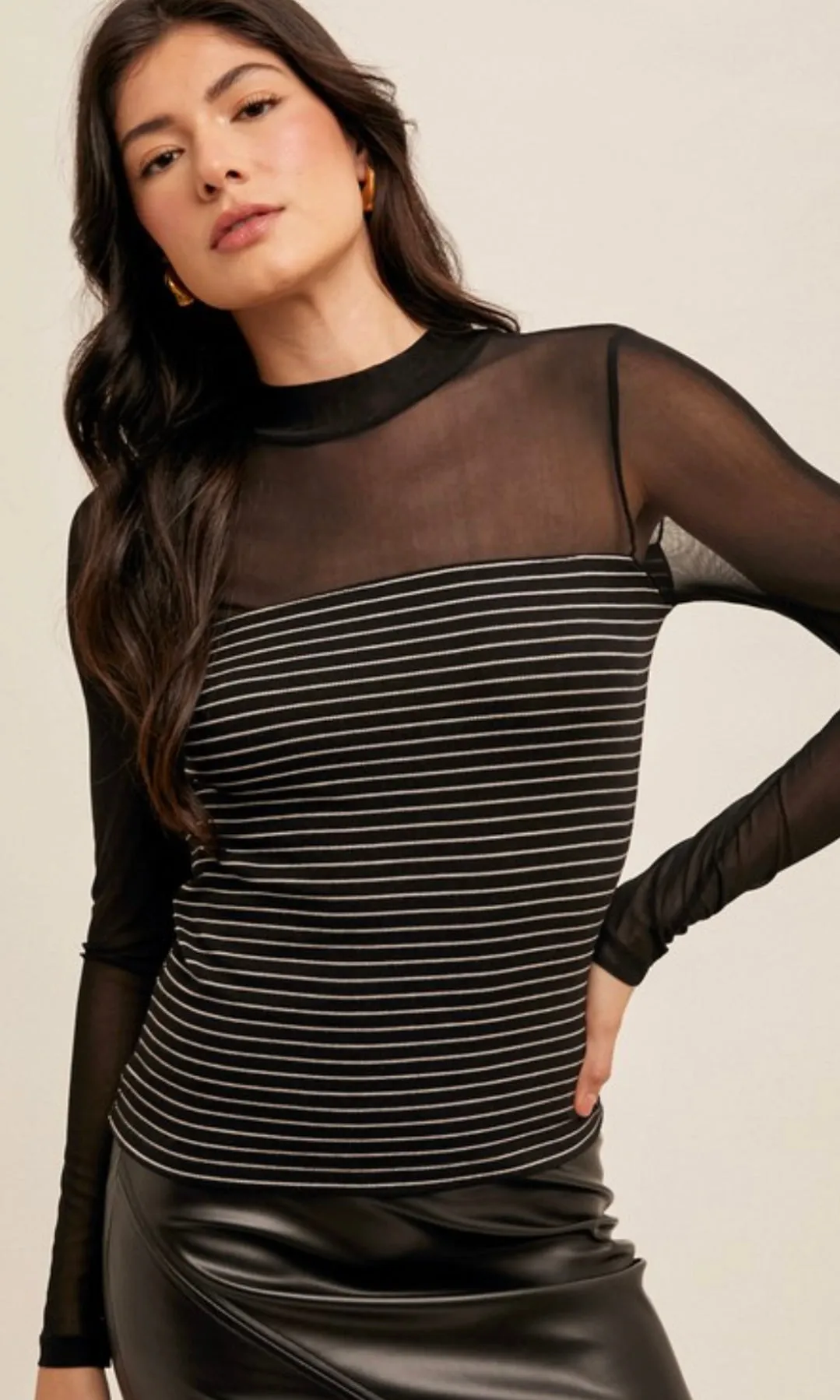 Abica Black Stripe Mesh Contrast Knit Top