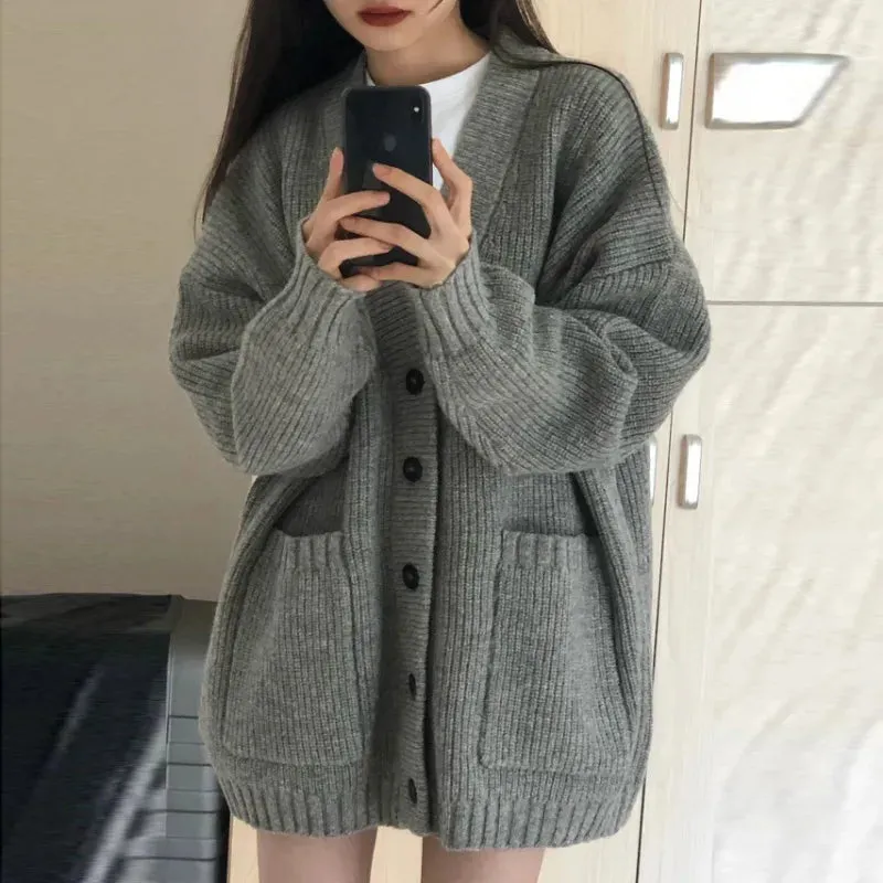Aiertu Autumn Winter Women Cardigan Sweater Coats Fashion Female Long Sleeve V-neck Loose Knitted Jackets Casual Sweater Cardigans