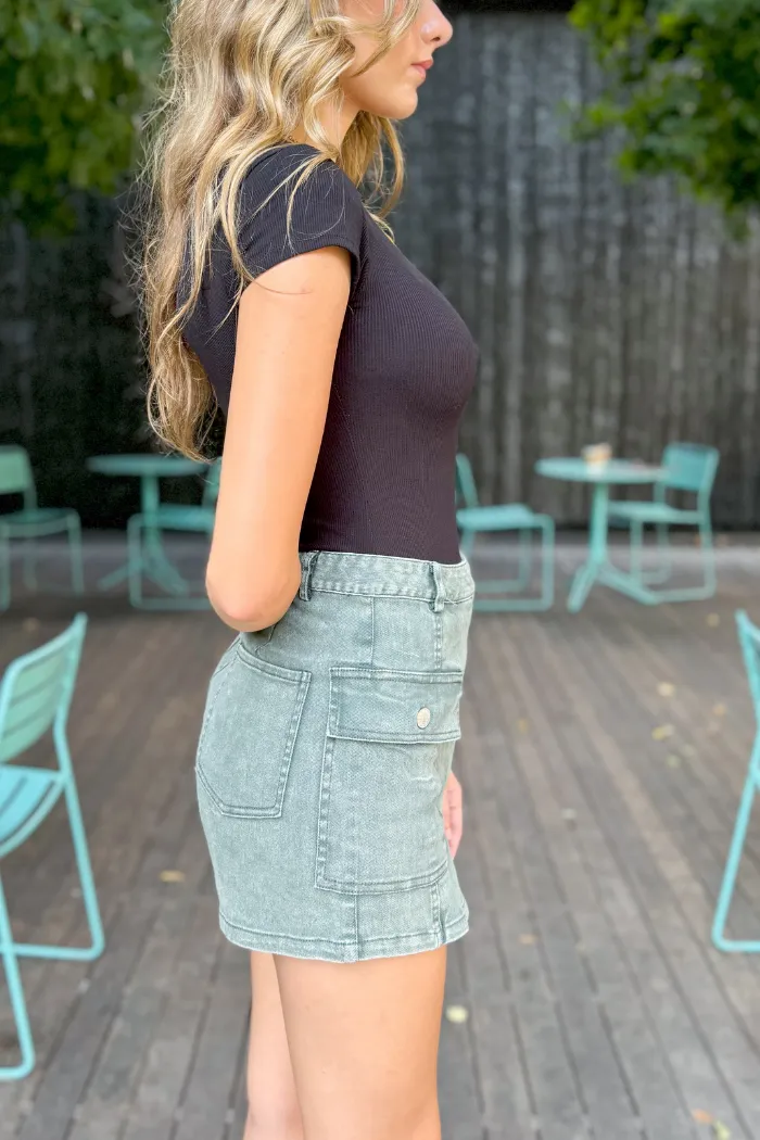 Asymmetrical Acid Wash Corded Skort in Green