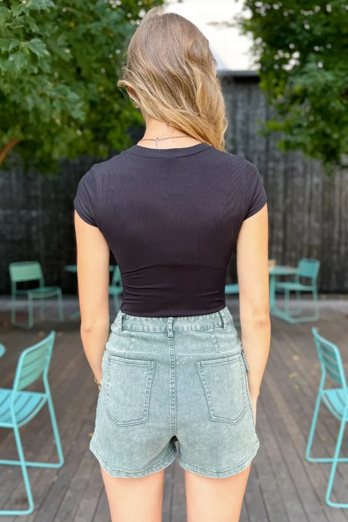 Asymmetrical Acid Wash Corded Skort in Green
