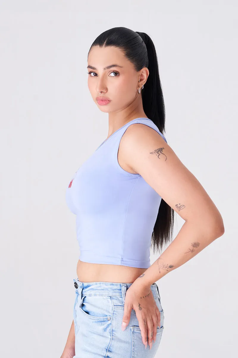 Chic Sky Blue Crop Top with Cute Cherry Graphic