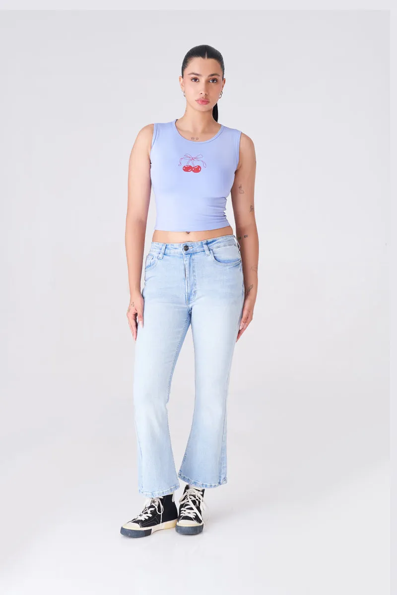 Chic Sky Blue Crop Top with Cute Cherry Graphic