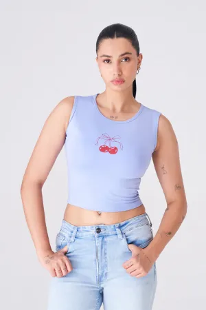 Chic Sky Blue Crop Top with Cute Cherry Graphic