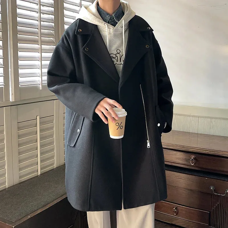 Chicmy-Winter Fashion Woolen Dust Coats Men Zipper Decor High Quality Korean Style Loose Casual Windbreaker Men's Thick Warm Trenchcoat