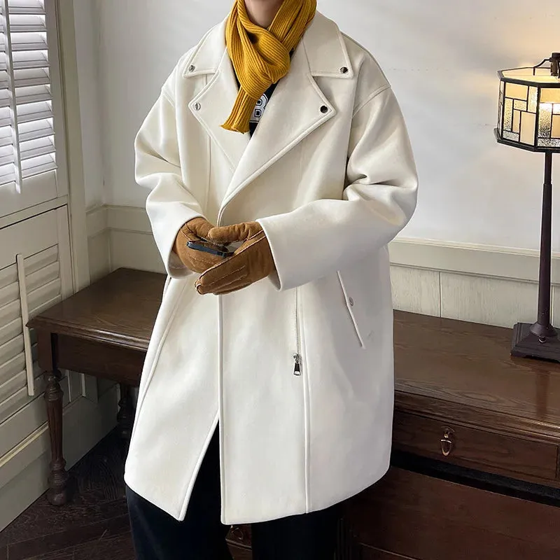 Chicmy-Winter Fashion Woolen Dust Coats Men Zipper Decor High Quality Korean Style Loose Casual Windbreaker Men's Thick Warm Trenchcoat