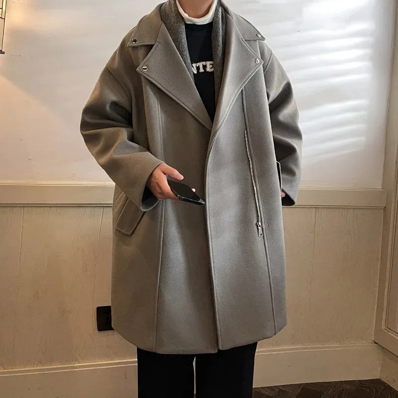 Chicmy-Winter Fashion Woolen Dust Coats Men Zipper Decor High Quality Korean Style Loose Casual Windbreaker Men's Thick Warm Trenchcoat