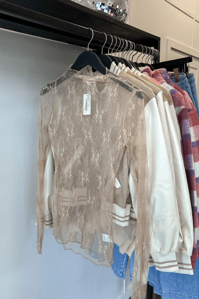 High Neck Lace Fitted Top in Beige