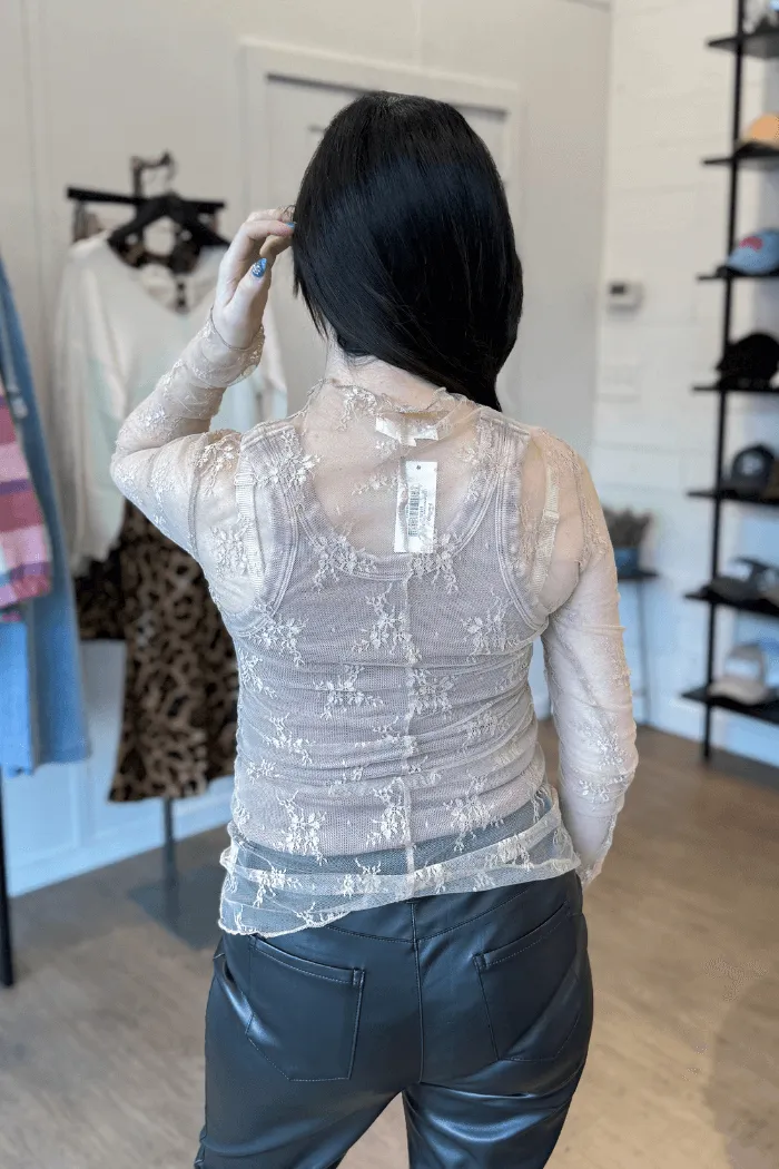 High Neck Lace Fitted Top in Beige