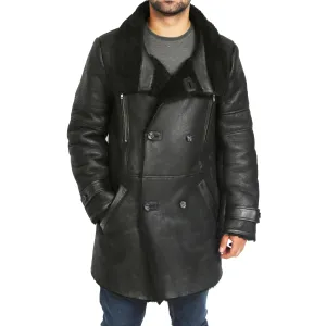 Mens Genuine Sheepskin 3/4 Long Reefer Trench Coat Bruno Black