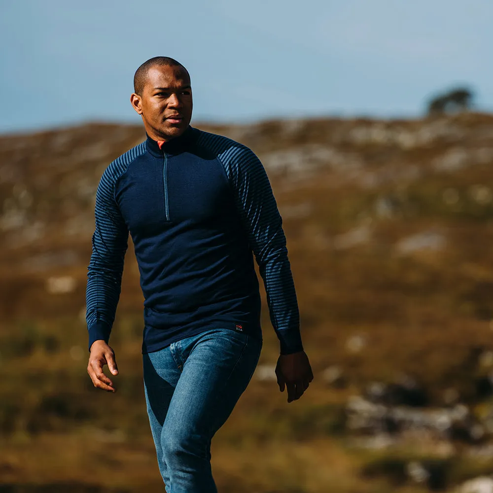 Mens Merino 200 Long Sleeve Zip Neck (Stripe Navy/Denim)