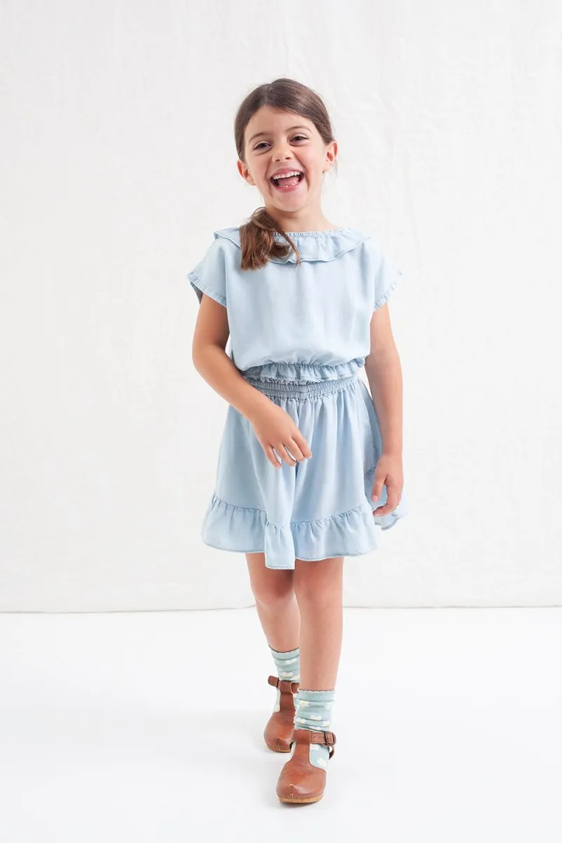 RUFFLED CHAMBRAY TOP AND SHORTS SET
