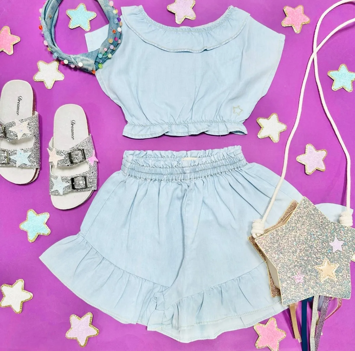 RUFFLED CHAMBRAY TOP AND SHORTS SET