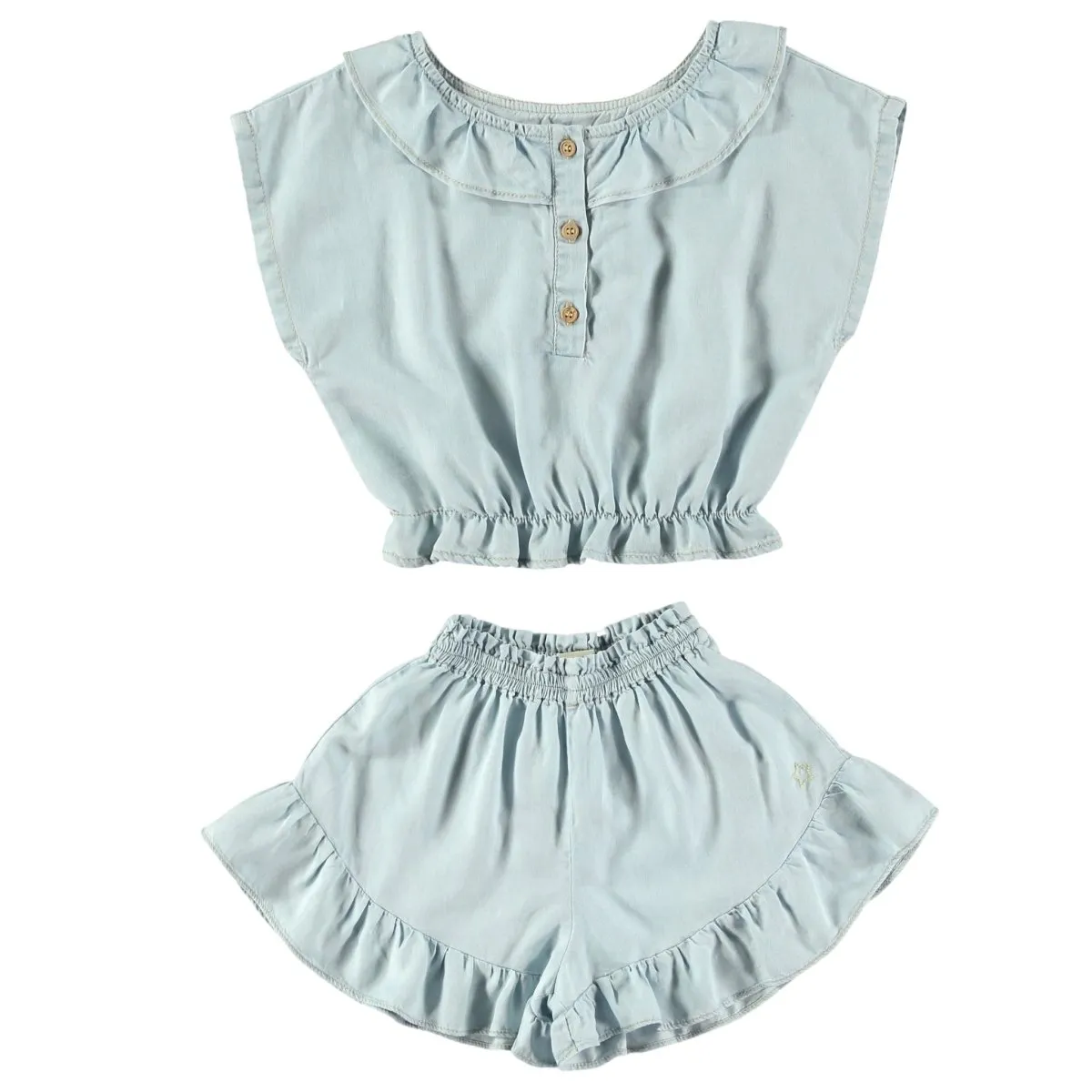 RUFFLED CHAMBRAY TOP AND SHORTS SET