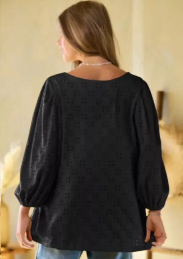 Solid Round Neck Blouse - Black Eyelet