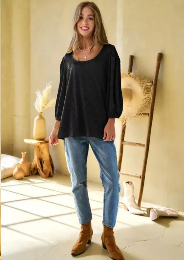Solid Round Neck Blouse - Black Eyelet