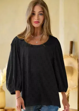 Solid Round Neck Blouse - Black Eyelet
