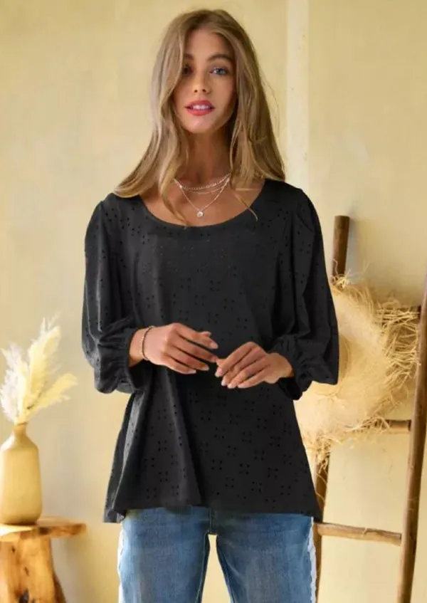 Solid Round Neck Blouse - Black Eyelet