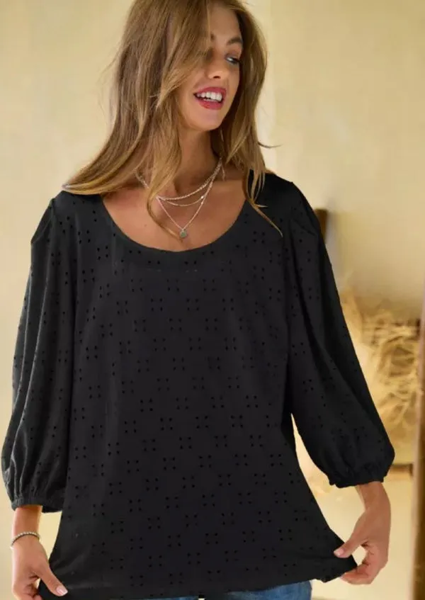 Solid Round Neck Blouse - Black Eyelet