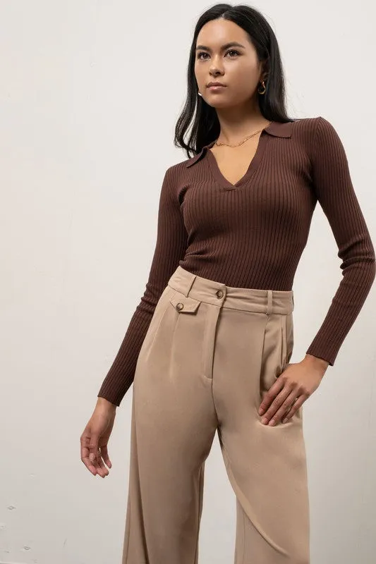 Sophia Brown Ridded Collared Top
