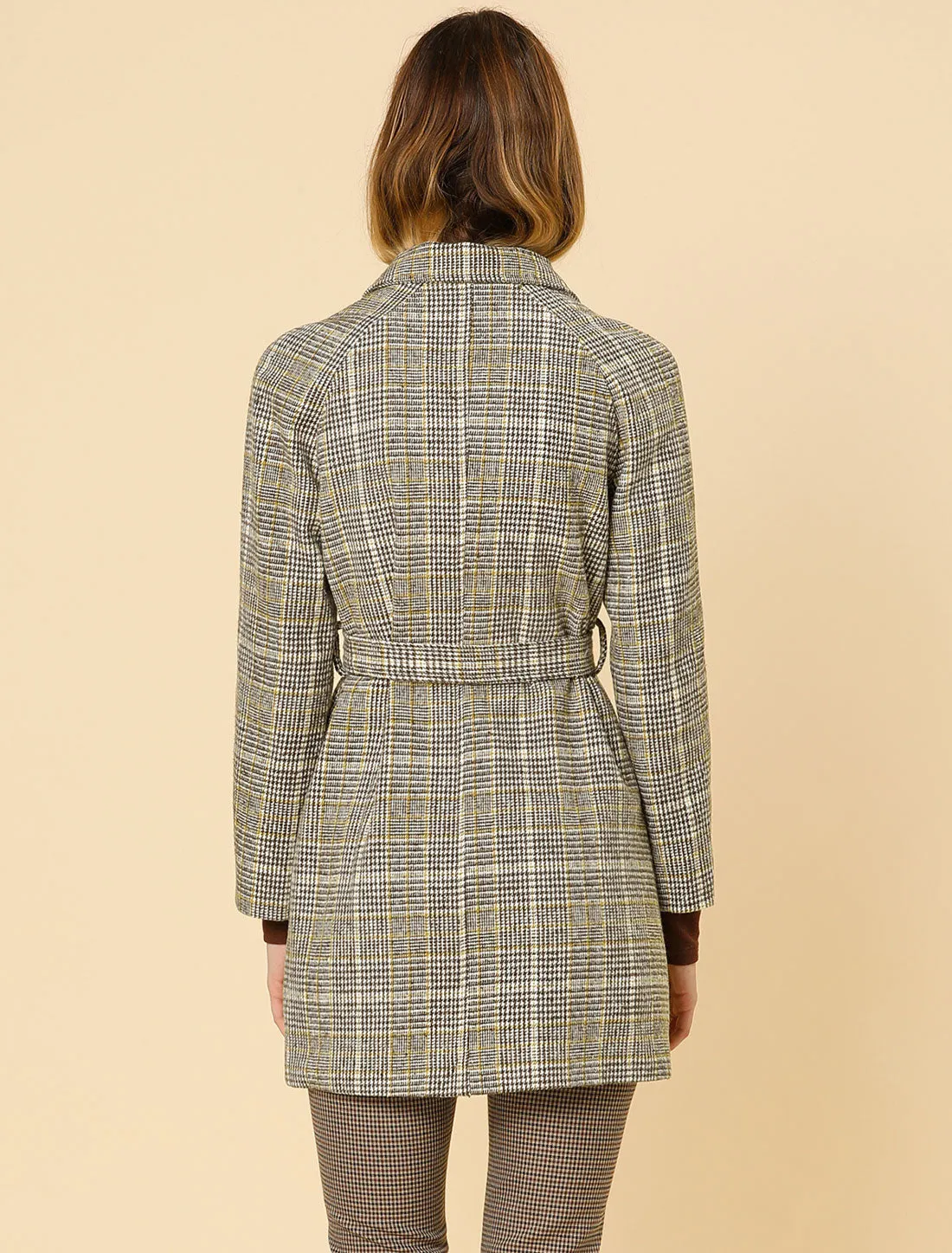 Tweed Plaid Notch Lapel Double Breasted Belted Coat with Pockets