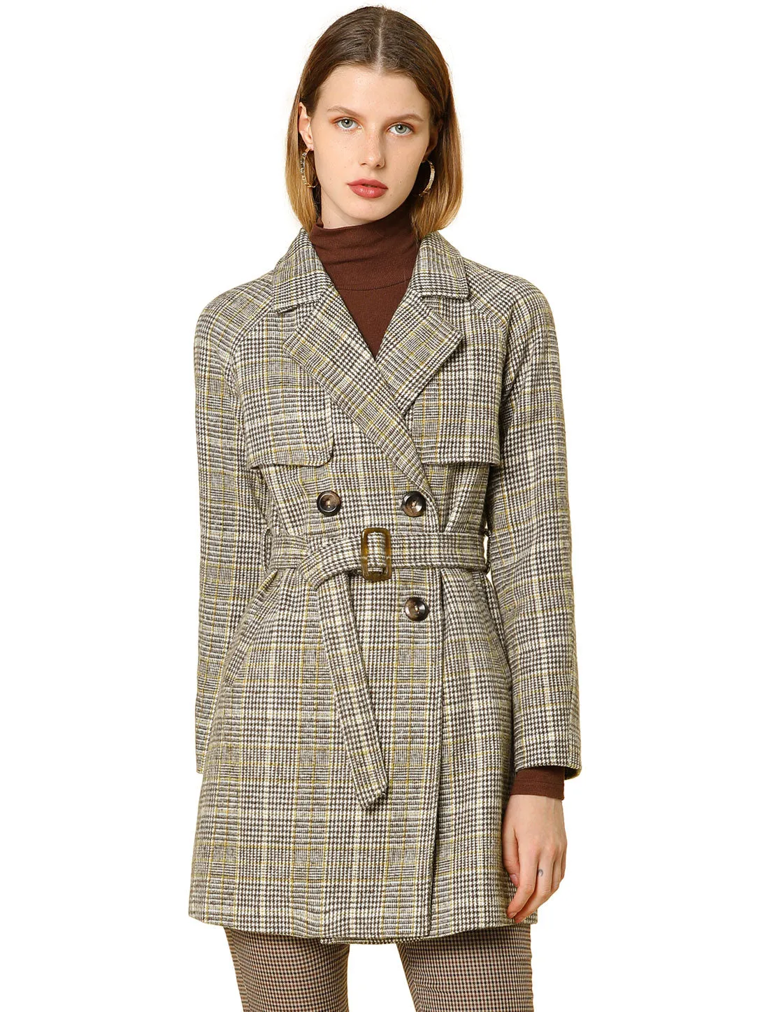 Tweed Plaid Notch Lapel Double Breasted Belted Coat with Pockets