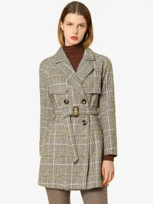 Tweed Plaid Notch Lapel Double Breasted Belted Coat with Pockets