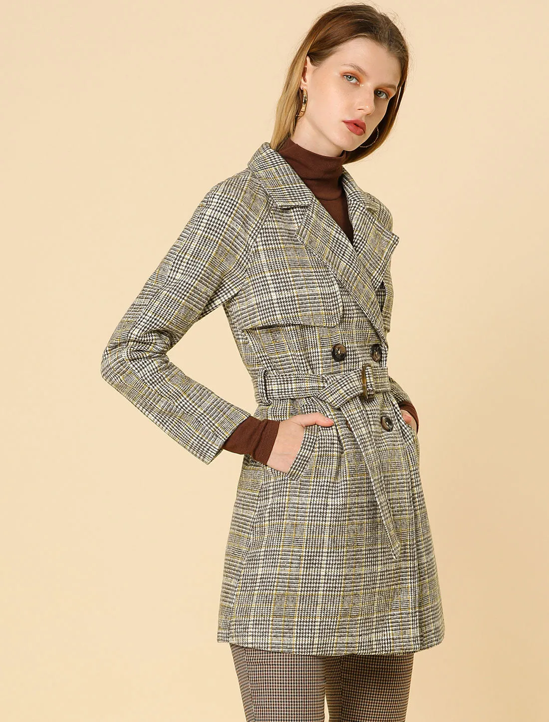 Tweed Plaid Notch Lapel Double Breasted Belted Coat with Pockets