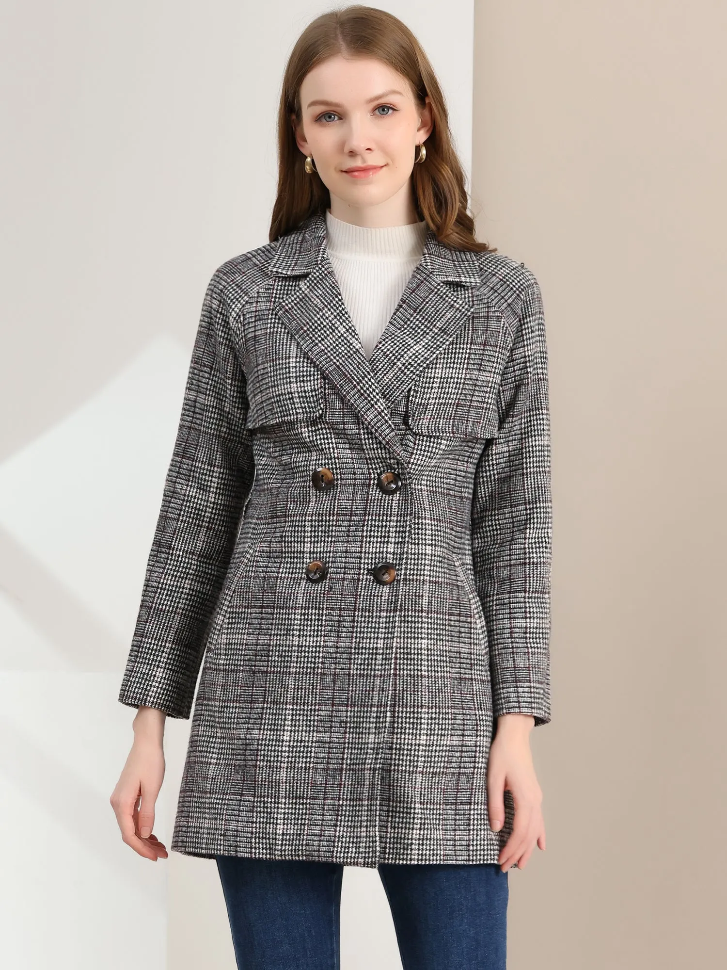Tweed Plaid Notch Lapel Double Breasted Belted Coat with Pockets