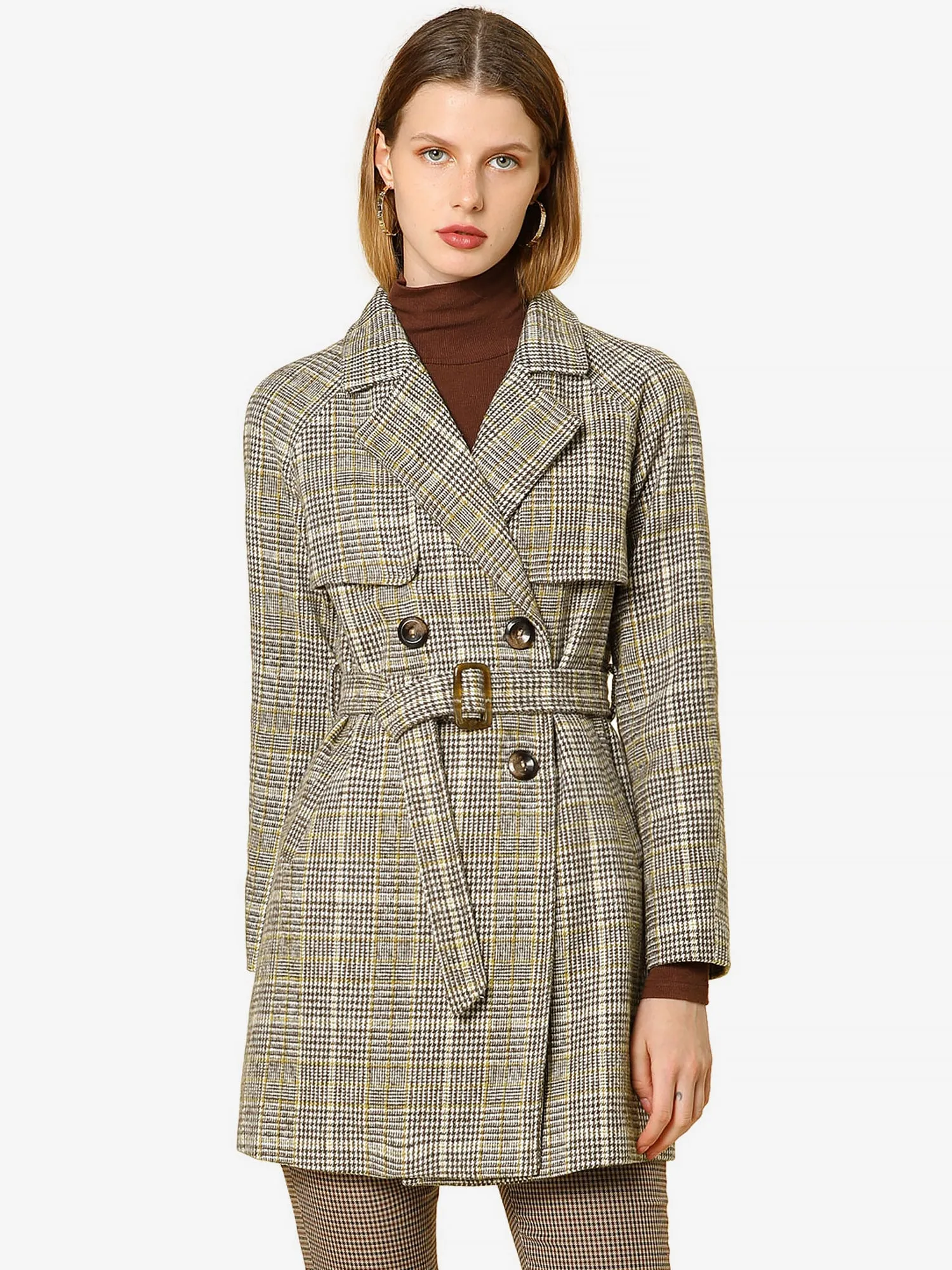 Tweed Plaid Notch Lapel Double Breasted Belted Coat with Pockets
