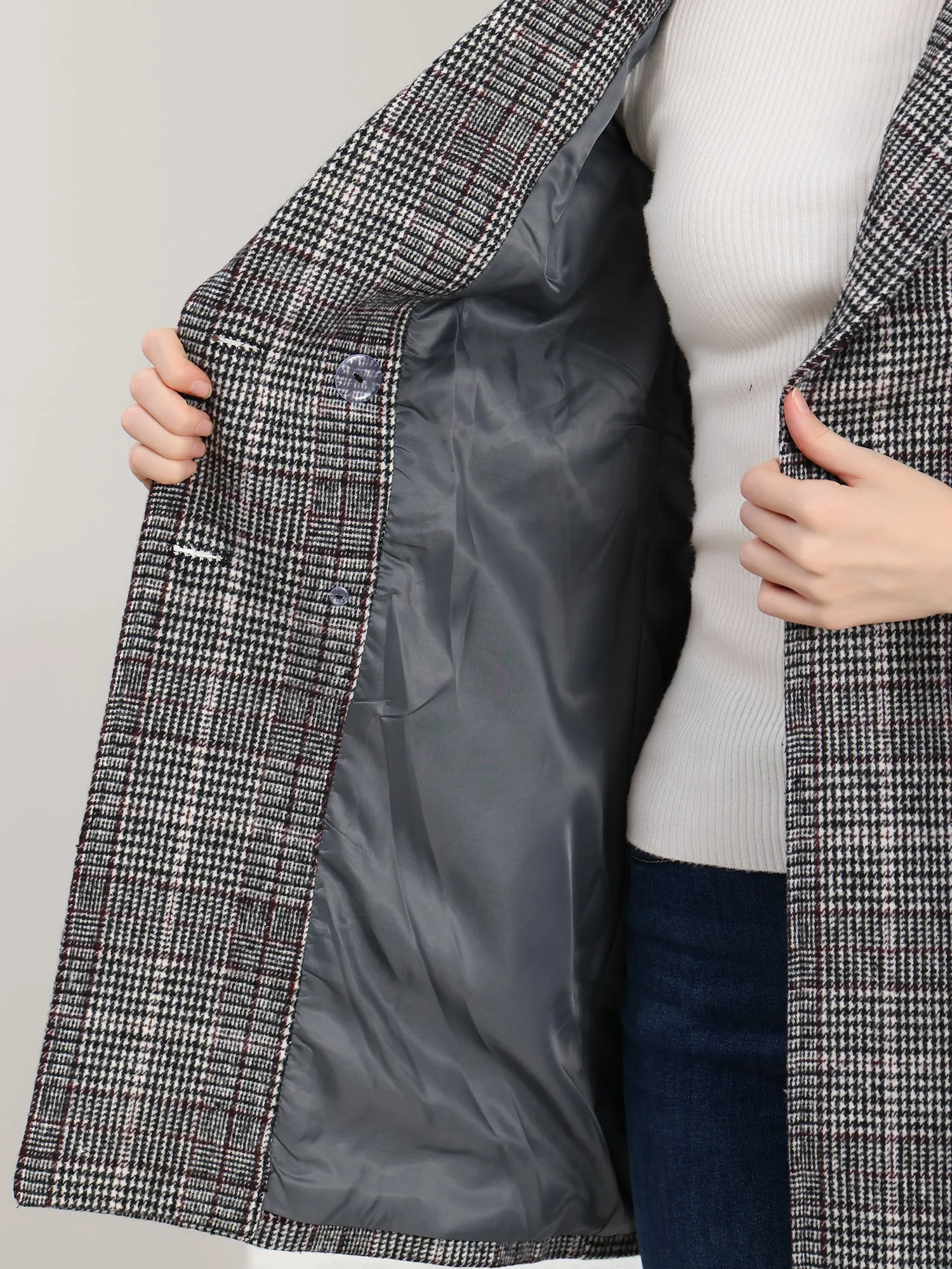 Tweed Plaid Notch Lapel Double Breasted Belted Coat with Pockets