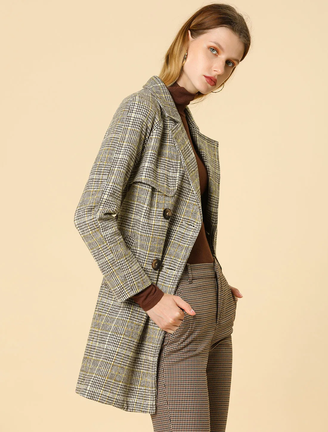 Tweed Plaid Notch Lapel Double Breasted Belted Coat with Pockets