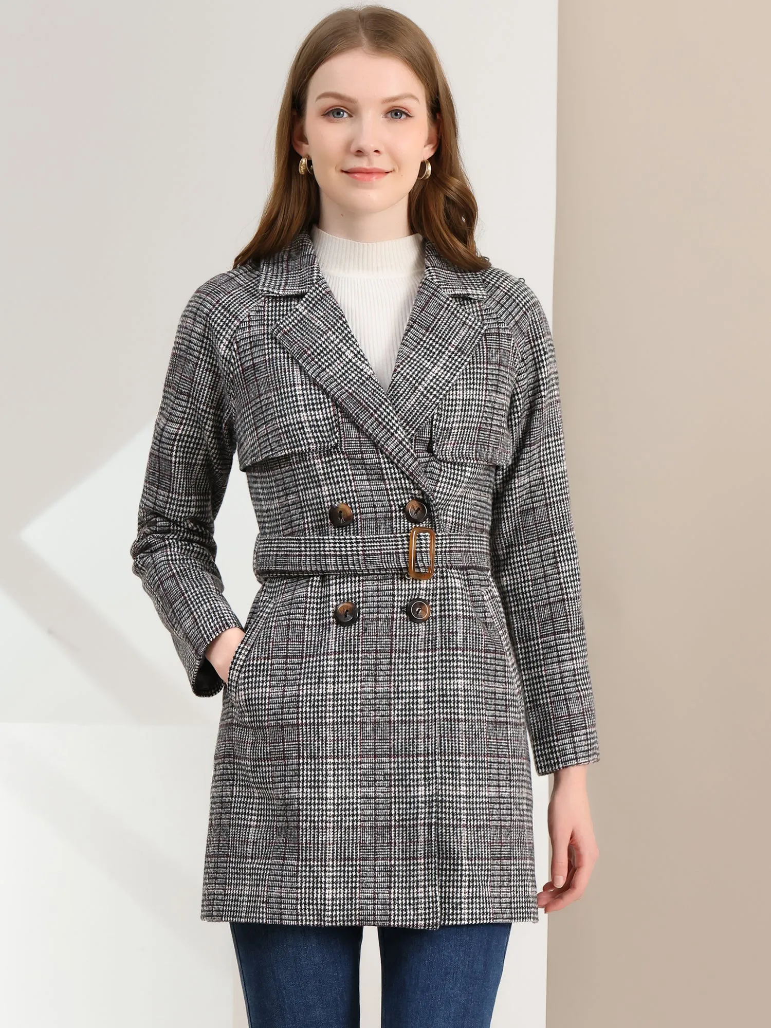 Tweed Plaid Notch Lapel Double Breasted Belted Coat with Pockets