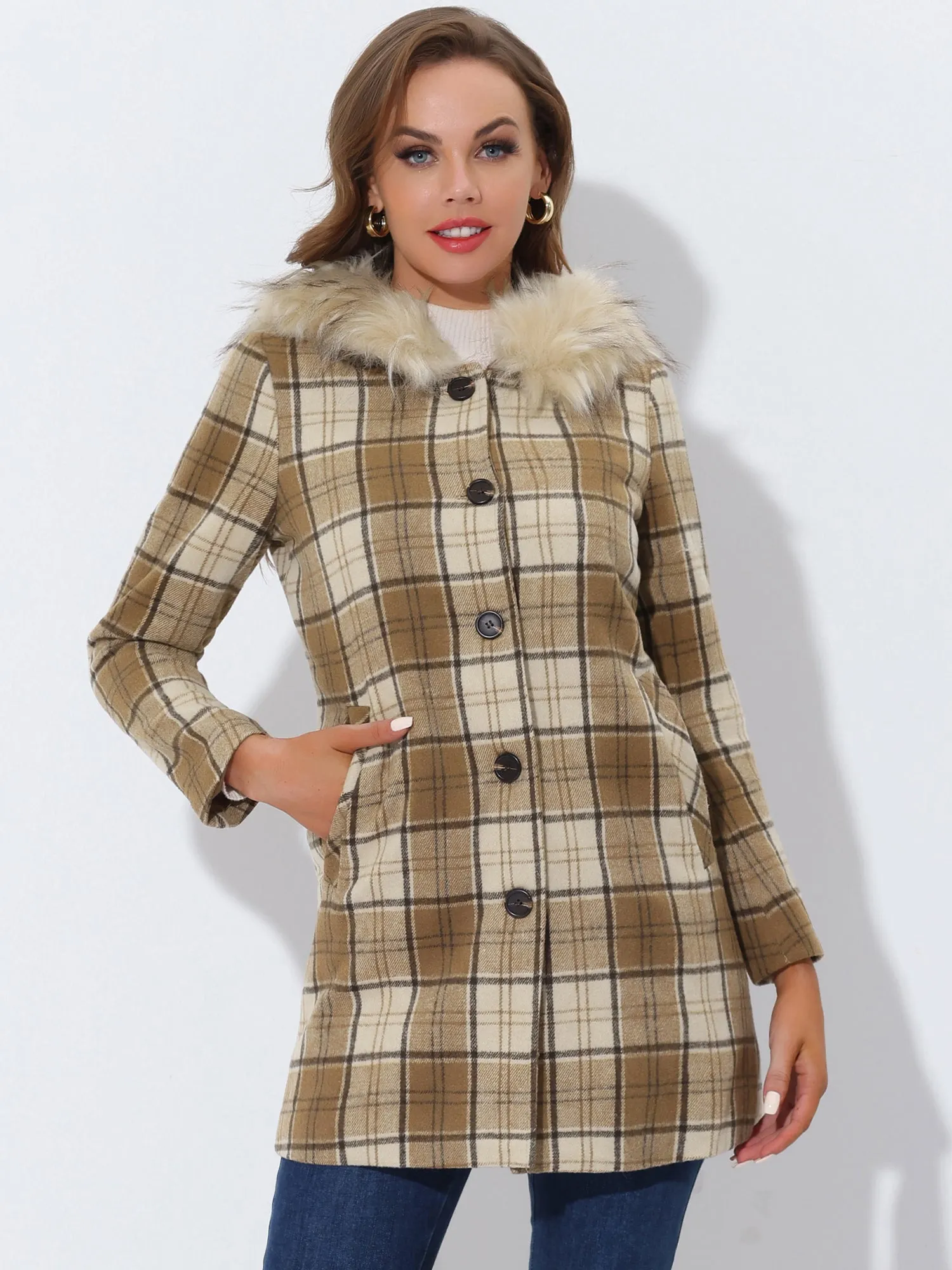 Winter Thick Button Front Pockets Check Plaid Coat with Fluffy Hood