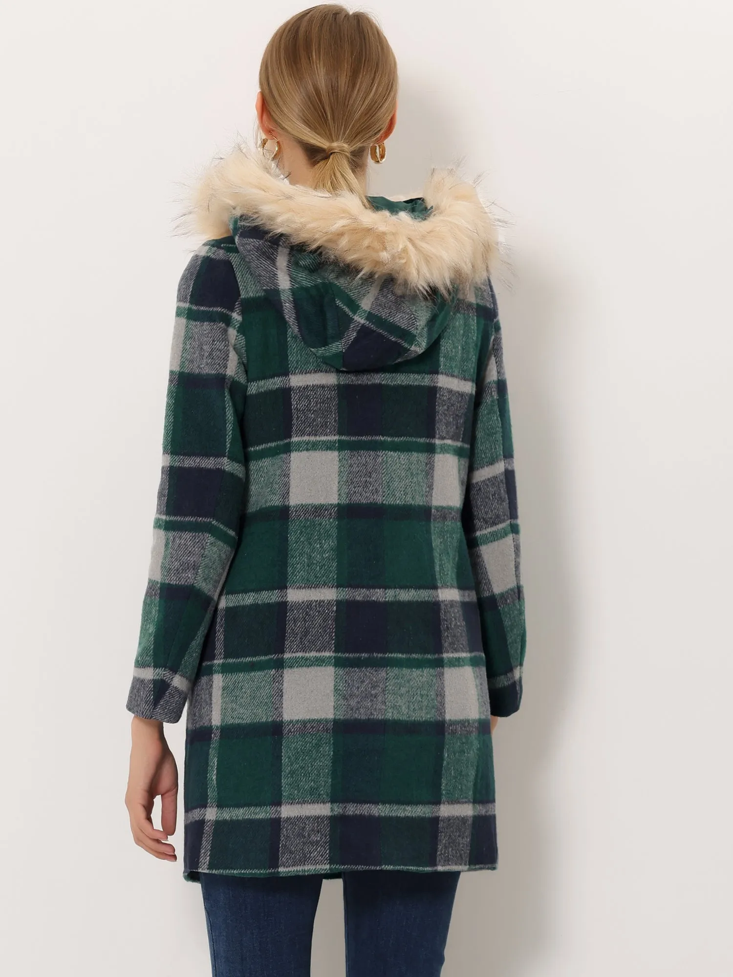 Winter Thick Button Front Pockets Check Plaid Coat with Fluffy Hood