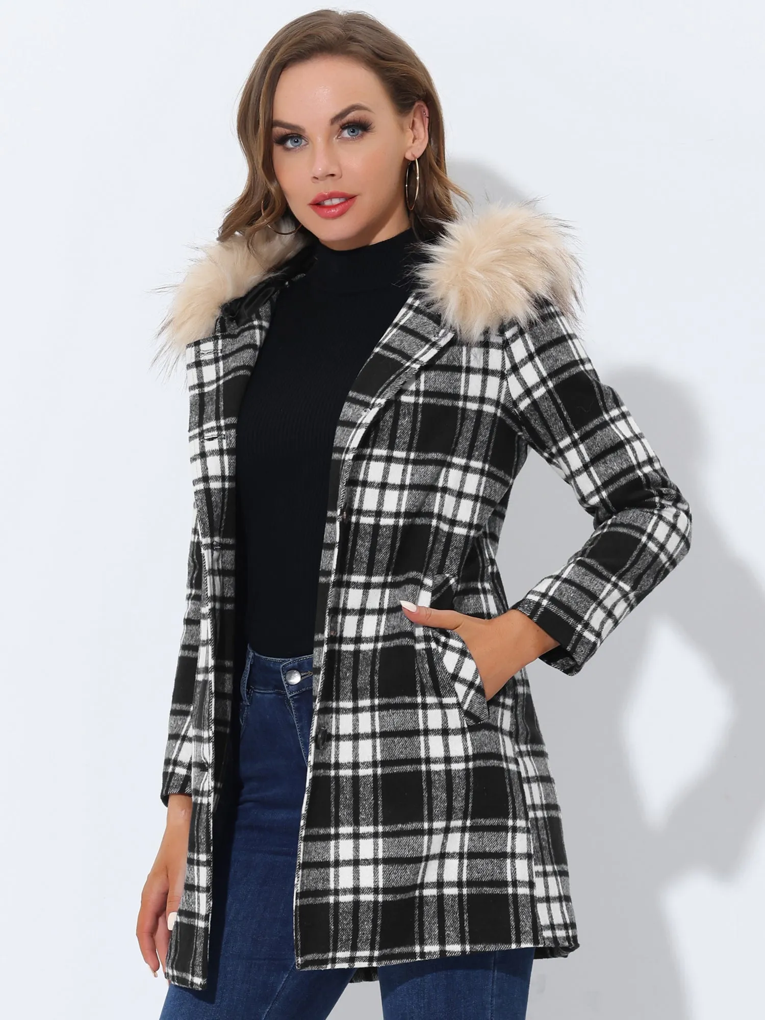 Winter Thick Button Front Pockets Check Plaid Coat with Fluffy Hood