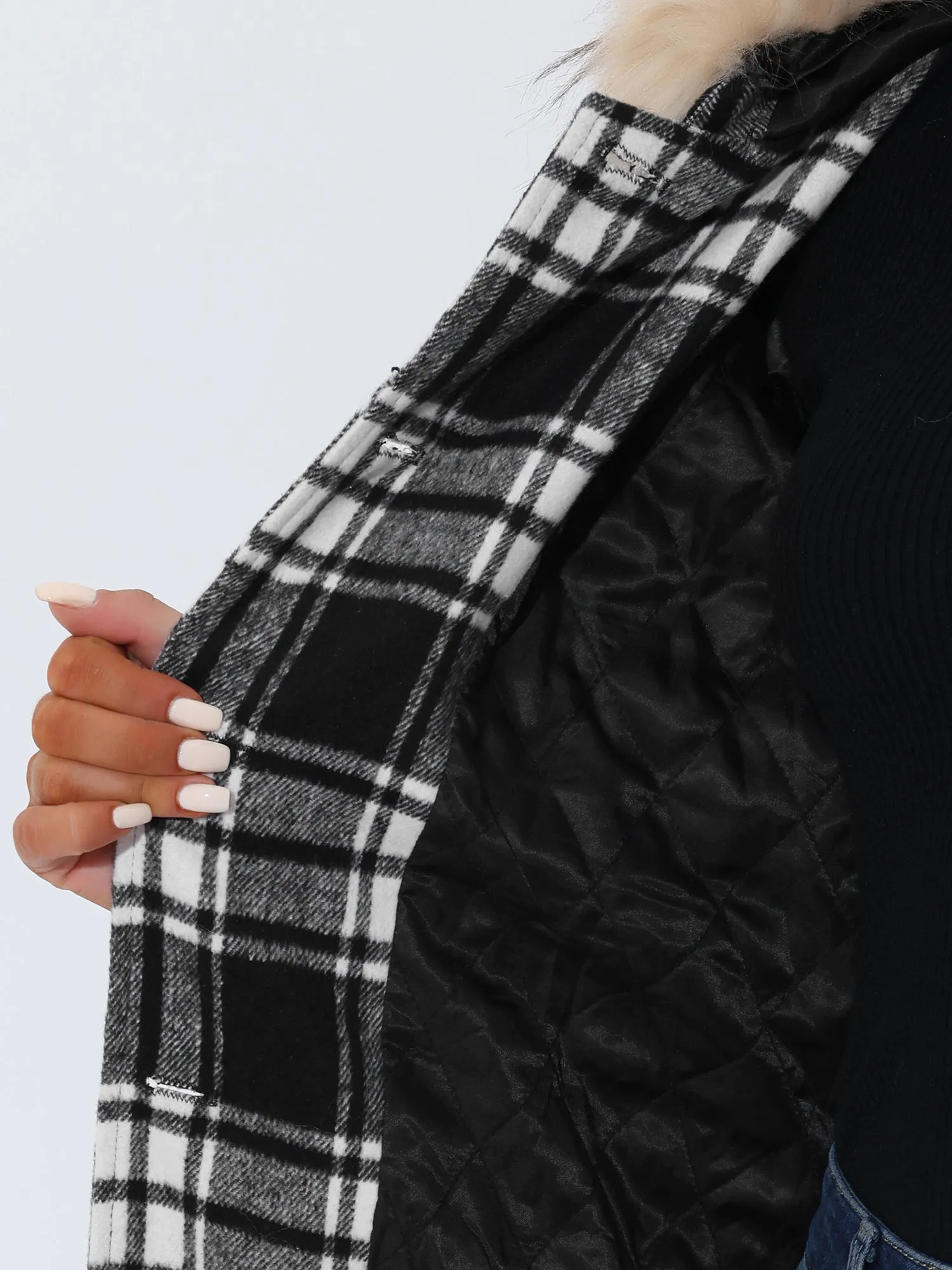 Winter Thick Button Front Pockets Check Plaid Coat with Fluffy Hood