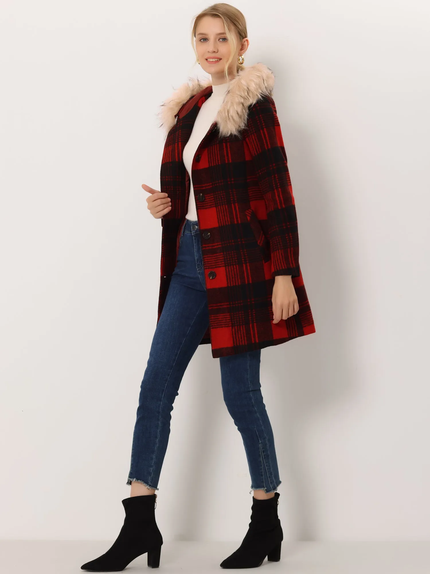 Winter Thick Button Front Pockets Check Plaid Coat with Fluffy Hood