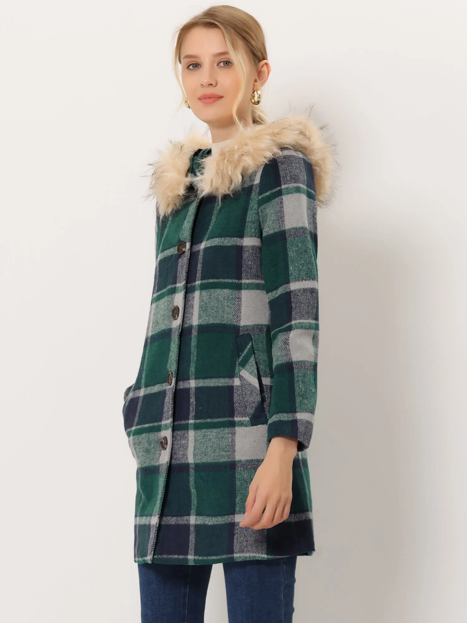 Winter Thick Button Front Pockets Check Plaid Coat with Fluffy Hood