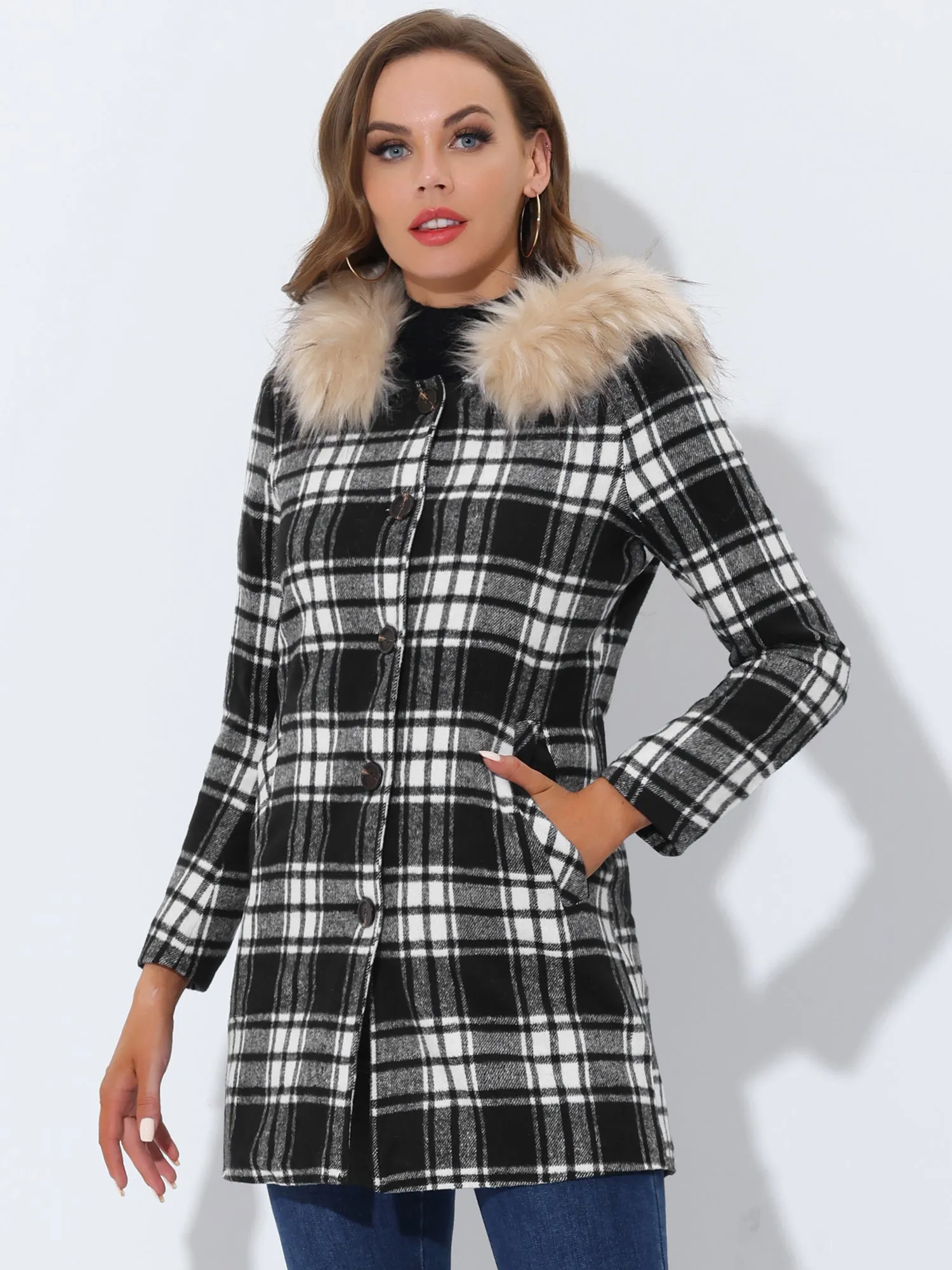 Winter Thick Button Front Pockets Check Plaid Coat with Fluffy Hood