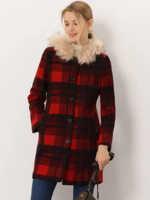 Winter Thick Button Front Pockets Check Plaid Coat with Fluffy Hood