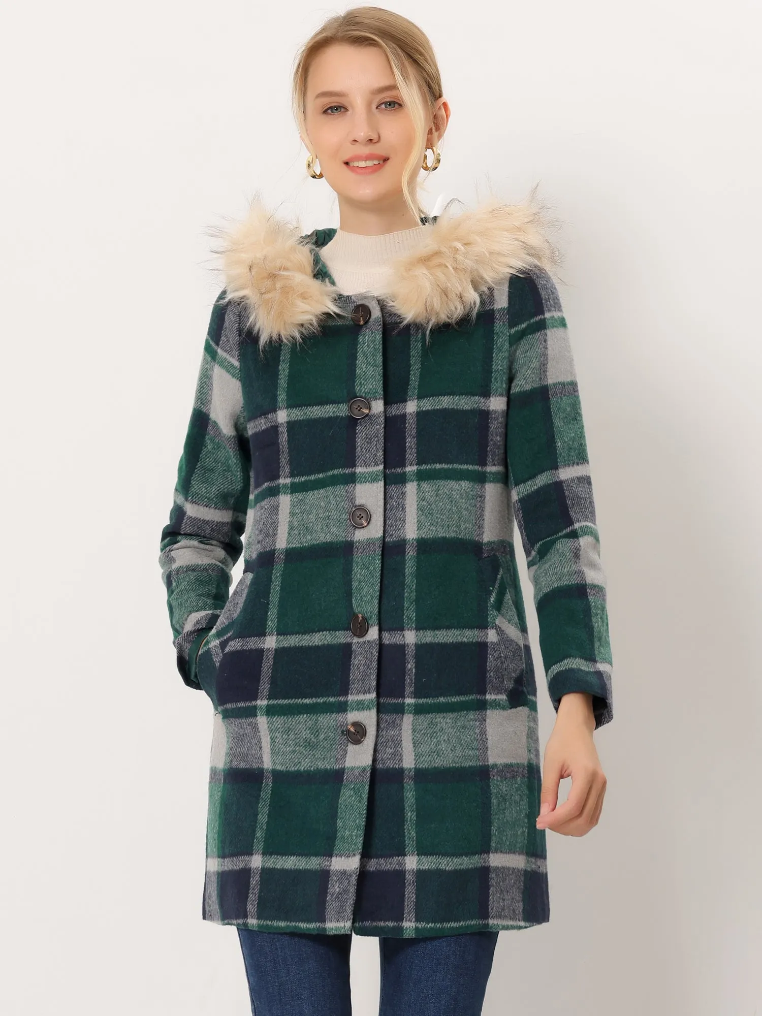 Winter Thick Button Front Pockets Check Plaid Coat with Fluffy Hood