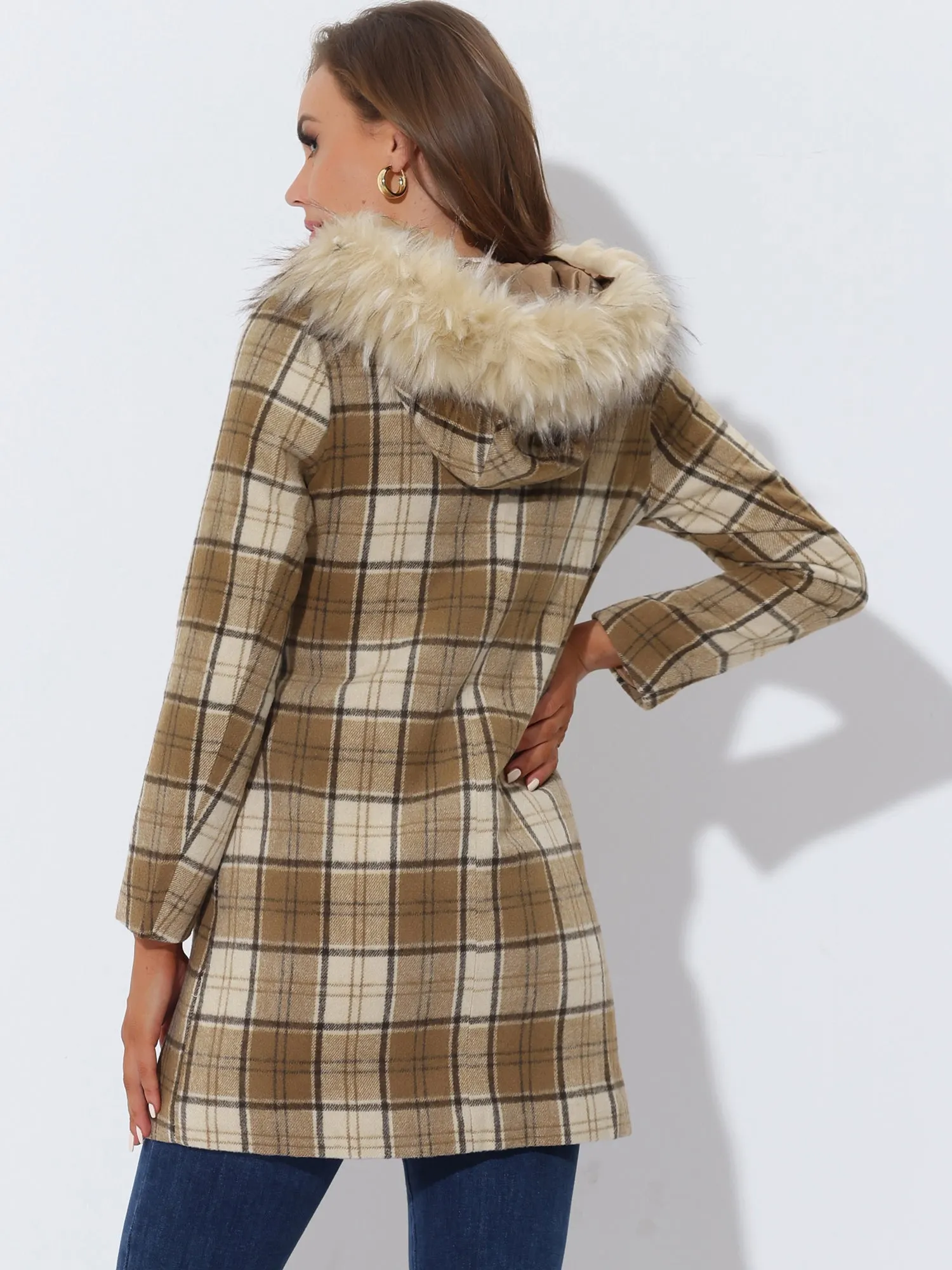 Winter Thick Button Front Pockets Check Plaid Coat with Fluffy Hood