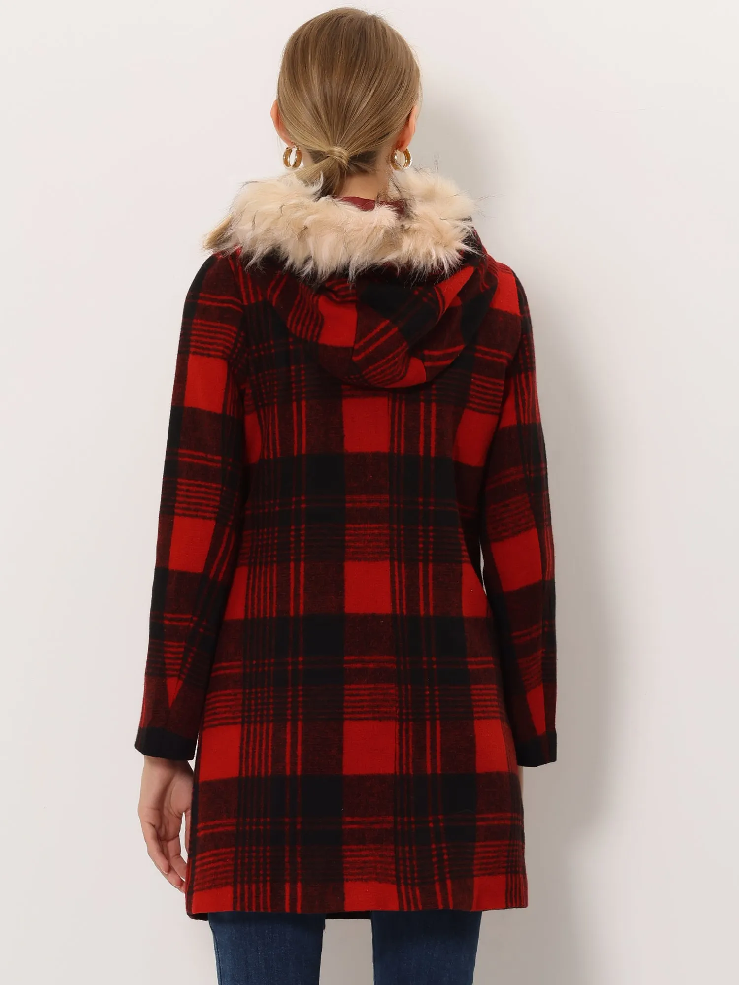 Winter Thick Button Front Pockets Check Plaid Coat with Fluffy Hood