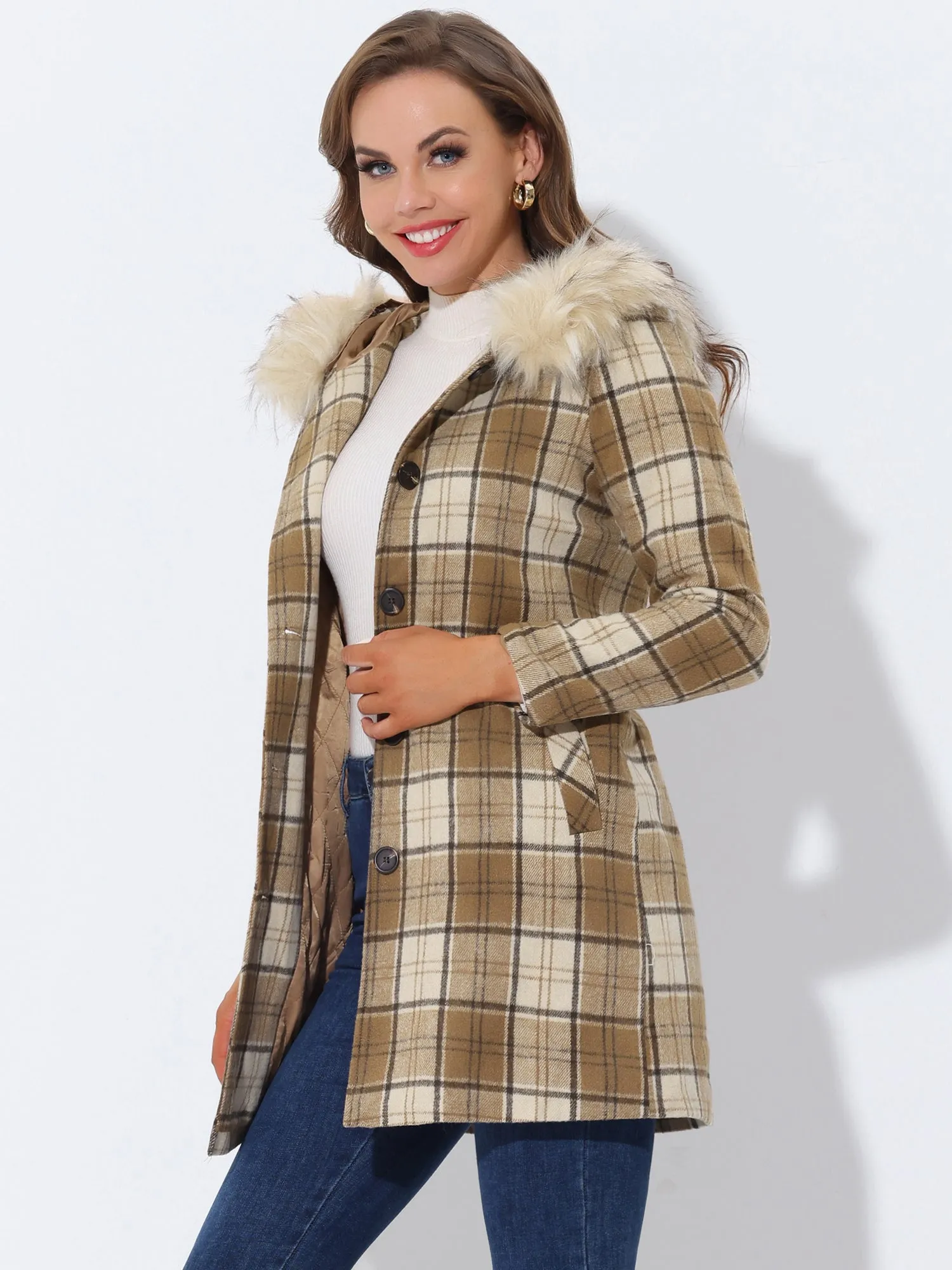 Winter Thick Button Front Pockets Check Plaid Coat with Fluffy Hood