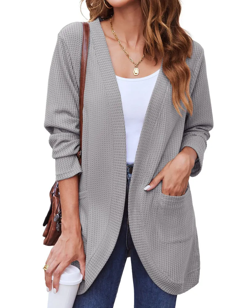 Zeagoo Womens Fall Lightweight Waffle Knit Cardigan Long Sleeve Open Front Sweaters Casual Cardigans with Pockets